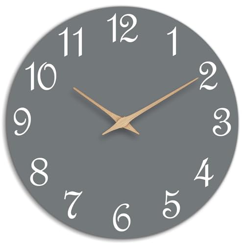 Image of Mosewa Wall Clock Silent Non Ticking Decorative for Bedroom Bathroom Office Living Room Battery Operated Gray Wood Modern Simple(10 Inch)