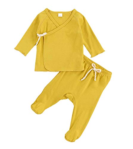 Unisex Baby Pajama Set Newborn Girls Boys Long Sleeve Kimono Ribbed T-Shirt Tops Footie Legging Pants Fall Winter Outfits (A-Yellow, 0-3 Months)