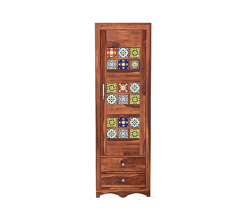 Image of Sheesham Wood Wooden Single Door Wardrobe Organizer for Clothes | - Solid Wood Almirah with 2 Drawers, 2 Shelves - Cupboard for Large Bedroom (Design 16)