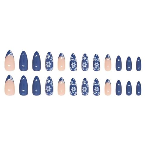Image of Blue Press on Nials White Flower Fake Nails Medium Almond False Nails with Design French Tip Glue on Nails Artificial Acrylic Nail full Cover Spring Floral Stick on Nails for Women Manicure 24Pcs