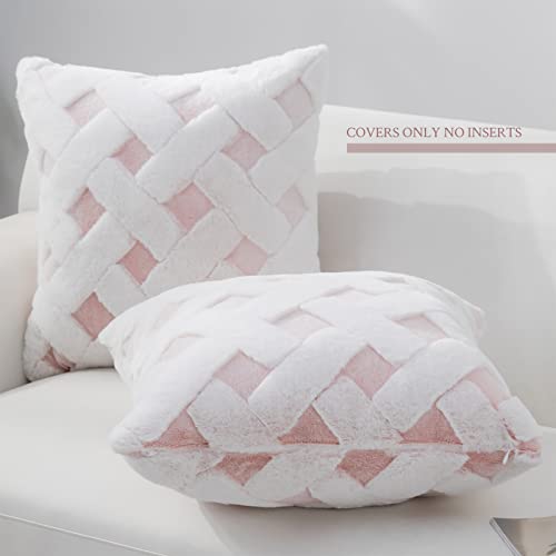 Cozy Bliss Faux Fur Pillow Covers Luxury Super Soft Plush Fleece Throw Pillowcase, Textured Knitted Cushion Cover Decorative Pillowcases For Sofa Couch Bed Chair Car (Pink, 20"X20") #TOP2