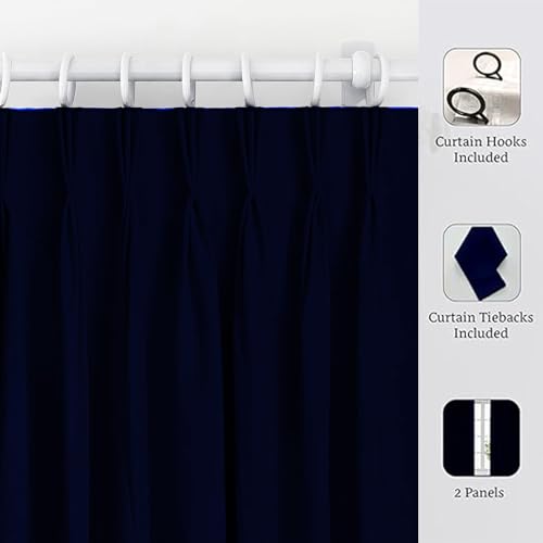 Image of Triple Pinch Pleated Blackout Curtains Thermal Insulated Room Darkening Curtains for Bedroom /Livingroom Pack of 2 Panels, Tiebacks, Hooks (Navy Blue)