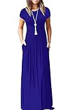 AUSELILY Women Solid Plain Short Sleeve Sodalite Blue Cobalt Loose Casual Long Maxi Dresses with Poc