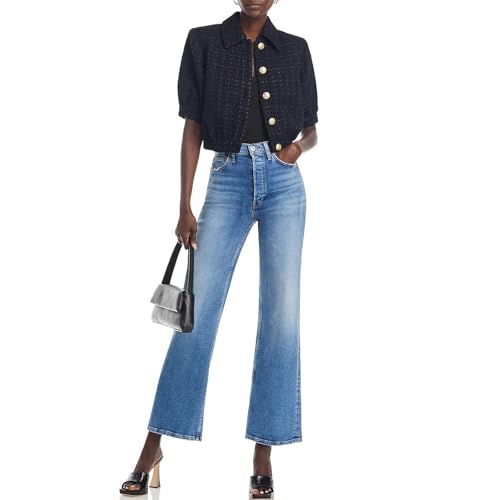 Women's Cropped Tweed Blazer Puff Sleeves Short Sleeve Jacket with Gold Buttons