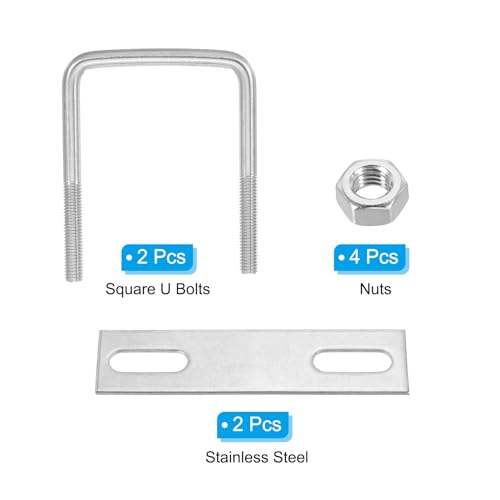 Image of PATIKIL M8x60x90mm Square U-Bolts Kit, 2Set 304 Stainless Steel Square U Shaped Bolts Replacement Parts with Frame Plates and Nuts for Ski Board Sailboat Trailer