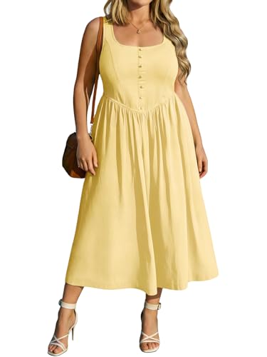 RITERA Plus Size Light Yellow Summer Dresses for Curvy Women Maxi Square Neck Sleeveless Casual Beach Sundress V-Elastic Waistband Tank Dress with Pockets Flowy Patchwork Knit Woven 3XL 22W 24W