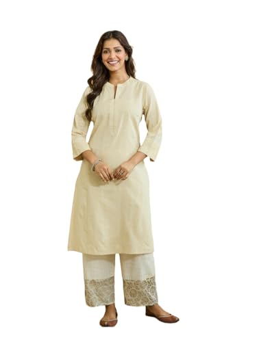 Kurta beige motif tissé haut de gamme Fabindia col mandarin pour femme exigeante