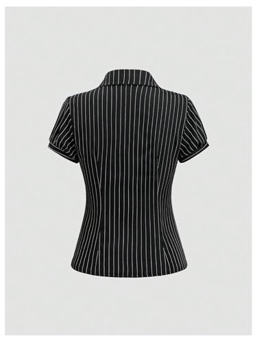 SweatyRocks Women's Striped Button Down Shirt Ruched Short Sleeve Fitted Work Blouses2