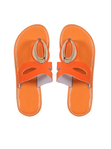 OYOANGLE Women's Metal Decor Leather Thong Sandals Open Toe Slip on Flat Sandal Casual Flip Flops
