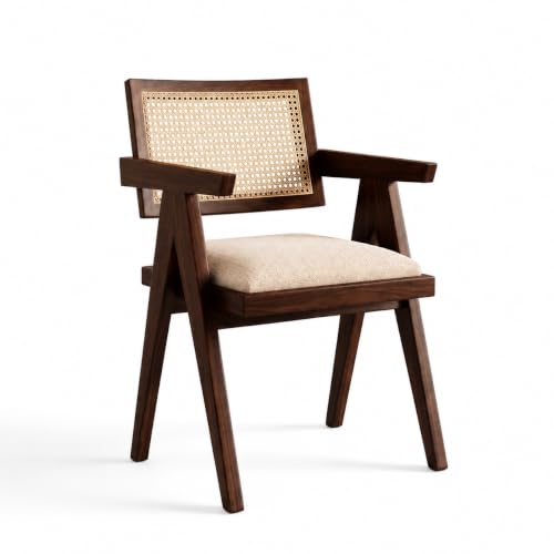 Image of Furniture Solid Sheesham Wood Upholstered Armchair with Cushion and Cane Back Support | Wooden Lounge Chair for Living Room, Bedroom and Balcony (Walnut Finish)