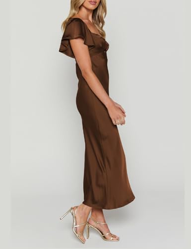 Image of Summer Satin Flutter Sleeve Wedding Guest Dresses for Women Sweetheart Neckline Cutout Tie Back Midi Cocktail Dress