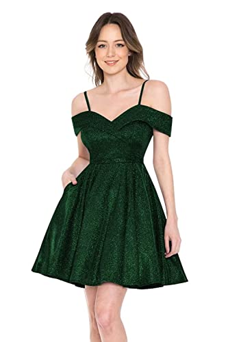 Smileven Women's Off Shoulder Homecoming Dresses Short Sparkly Glitter Prom Gowns with Pockets