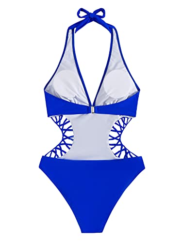 Sweatyrocks Women's Deep V Neck Cutout High Waisted Halter Monokini One Piece Swimsuit Royal Blue L #TOP1