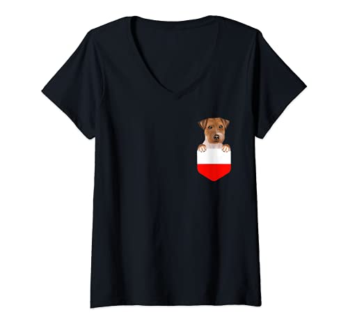 Womens Poland Flag Russell Terrier Dog In Pocket V-Neck T-Shirt, Black