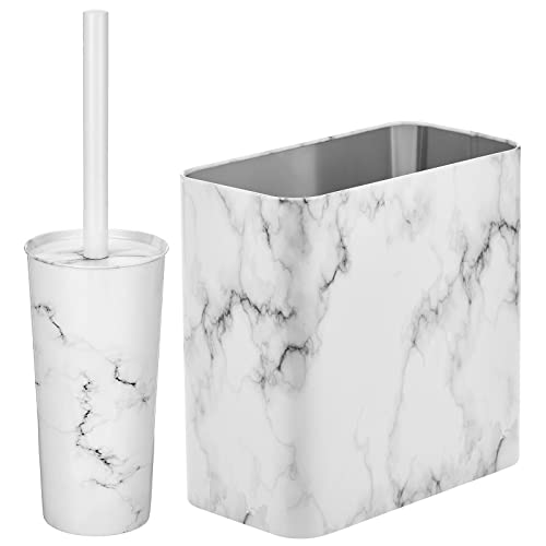 Mdesign Steel/Plastic Toilet Bowl Brush/Holder And Rectangular 2.2 Gallon Garbage Can Combo Set For Bathroom; Holds Trash, Recycling, Deep Cleaning, Mirri Collection - Set Of 2 - White Marble #TOP22