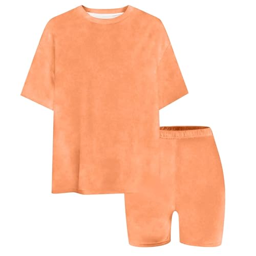 Ropa deportiva para niñas, de gran tamaño, manga corta, cuello redondo, camisas lisas y cintura elástica, pantalones cortos atléticos de verano de 1 a 12 años, naranja, 1-2 años