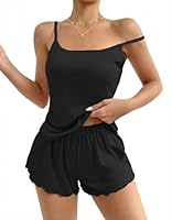 Ekouaer Schlafanzug Damen Kurz Pyjama Set Ärmellos Hausanzug Rüschen Nachtwäsche Spaghettiträger, Schwarz, M