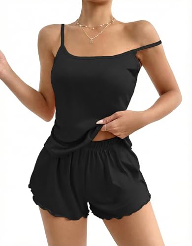 Ekouaer Schlafanzug Damen Kurz Pyjama Set Ärmellos Hausanzug Rüschen Nachtwäsche Spaghettiträger, Schwarz, L