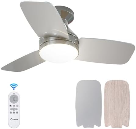 Amico 30 Inch Nickel Low Profile Ceiling Fans with Lights and Remote