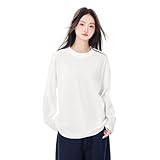 [Tumao] ロンティー レディース 綿100% 長袖tシャツ トップス カットソー クルーネック ティーシャツ ロングスリーブ 無地 カジュアル ゆる感 小顔効果 ゆったり 重ね着 きれいめ オシャレ 秋 冬 (JP, アルファベット, M, ホワイト)