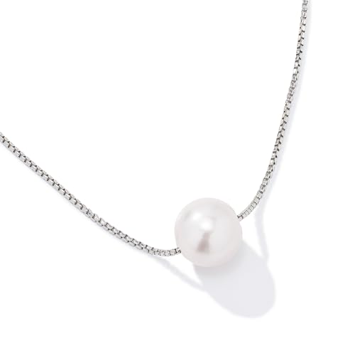 JTV Freshwater Pearl Pendant Necklace for Women - 10.5 mm Floating Pearl on Rhodium-Plated Sterling Silver - Adjustable Real Pearl Necklace - Elegant Timeless Jewelry Gift in Box