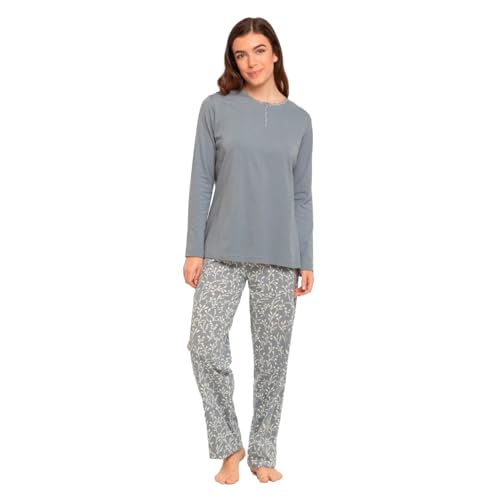 TRAMAS+ Pijama Mujer 100% algodón, Pijama Largo Mujer, Conjunto de Camiseta Manga Larga y Pantalón Largo con Cintura Ajustable - XL, Lauri Indigo