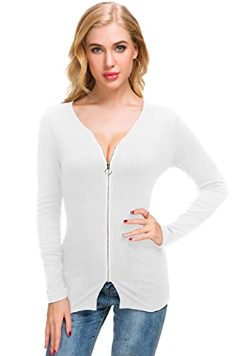 Image of Afibi Women V Neck Zip Front Long Sleeve Casual Top Blouse Shirt /Cardigan