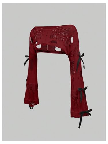 Women's Hollow Out Ripped Bow Sweater Bell Long Sleeve Cropped Crochet Shrug2