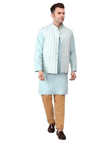 Image of Men's Cotton Silk Blend Regular Kurta Pyjama, Embroidered Nehru Jacket /Waistcoat Set