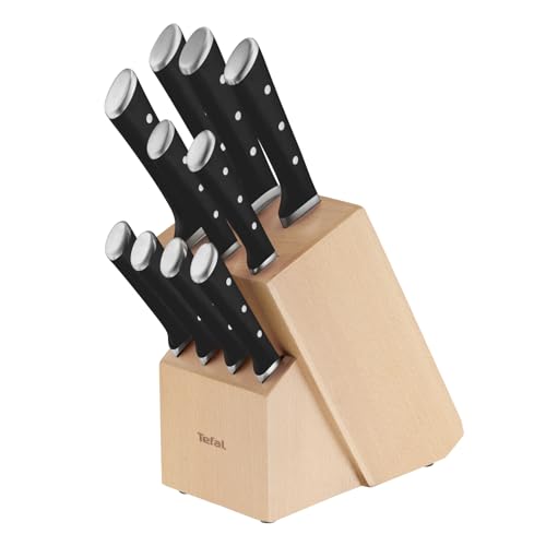 Tefal Ice Force 11-tlg. Messerblock-Set, 6 Messer, 4 Steak Messer, 1 Holz-Messerblock, hochwertiger, deutscher Edelstahl, Ice Force Technologie, korrosionsbeständig, schwarz/braun/silber, K232SA