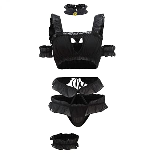 Women Anime Cute Cat Cosplay Costume Womens Sexy Seduction Chiffon Open Chest Lingerie Lolita Japanese Style Nightie,Black