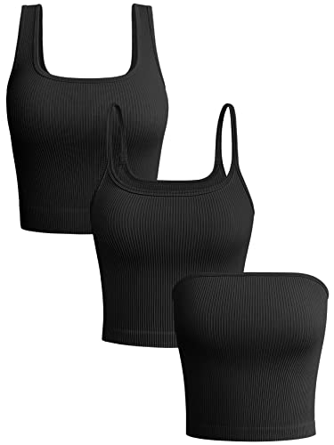 Oqq Women's 3 Piece Crop Top Ribbed Seamless Workout Tank Strapless Tube Exercise, Black, Medium #TOP27