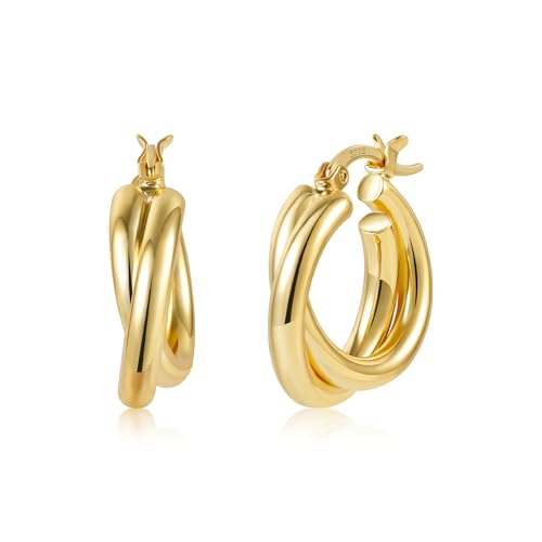 ALEXCRAFT Small Gold Hoop Earrings - Lightweight Wide Thick Earring, Goldplated 925 Sterling Silver Cartilage Double Hoop