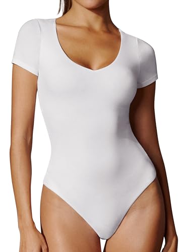 Image of IUGA Bodysuits for Women Tummy Control Body Suits for Womens Compression Slimming Thong Bodysuit V Neck