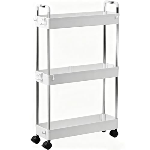 Image of huiziyi 3-Tier Storage Trolley Cart Slide-out Slim Rolling Utility Cart Mobile Storage Shelving Organizer for Kitchen, Bathroom, Laundry Room, Bedroom, Narrow Places, Plastic & Stainless Steel