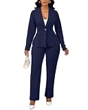 Blazers for Women Pant Suit Formal Outfits Straight Leg Pantsuit Professional Casual Office Work Clothes Navy Blue XL