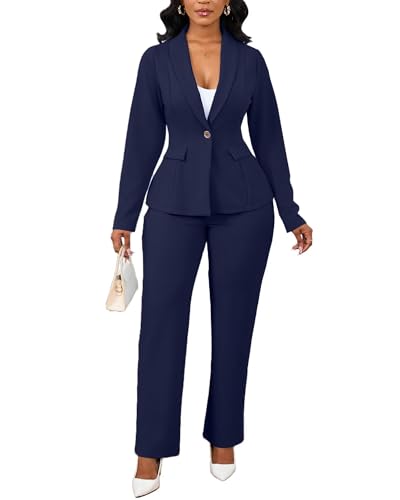 Blazers for Women Pant Suit Formal Outfits Straight Leg Pantsuit Professional Casual Office Work Clothes Navy Blue XL