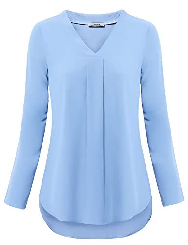 Youtalia Womens Dressy Tops And Blouses, Ladies Chiffon Top Roll Sleeve V Neck Tunic Pleats Curved Hem Soft Comfy Button Down Work Shirts Light Blue Large #TOP3