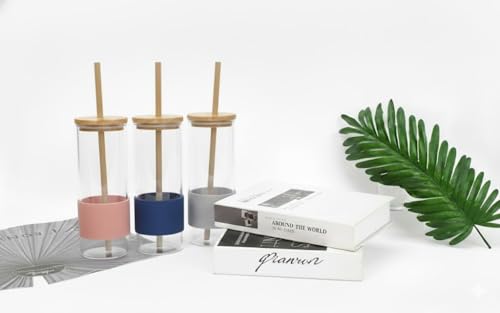 Image of Glass Tumbler with lid and Straw, Glass Bottle with Unique Wooden Straws, Bamboo Lid, Glass Tumblers, Smoothie, Jars, (400ml)