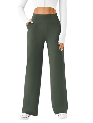 DLOODA Womens Wide Leg Yoga Pants Casual Work Dress Pants Lounge Sweatpants High Waist Comfy Loose Trousers with Pockets Olive Green