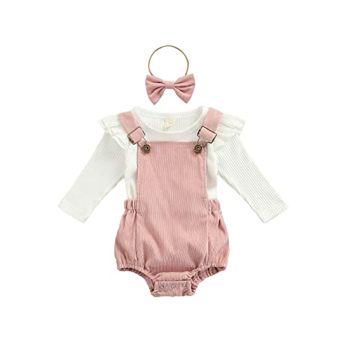 Image of Kupretty born Infant Baby Girl Spring ​Clothes Ruffle Long Sleeve Ribbed T Shirt Top Corduroy Suspender Shorts Headband ( Pink, 3-6 Months)