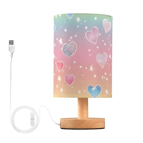 Mnsruu Bedside Table Lamp Rainbow Girly Glitter Hearts Bedside Lamps LED Light Desk Lamp Fabric Shade Small Lamp for Bedroom Living Room (Bulb Included)