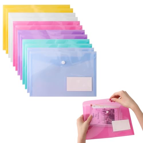 12 Stück Dokumententasche A5 Abheftbar 6 Farben, Wasserdichte Sammelmappe mit Druckknopf & Etikettentasche, Robuste Dokumentenmappe für Büro, Schule & Zuhause, Umschlagmappen zum Abheften