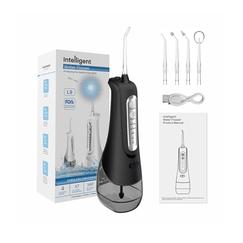 Irrigador bucal, limpiador dental eléctrico, líquido de dientes de agua, 4 modos y 4 boquillas, limpiador dental portátil, IPX7, resistente al agua, 330 ml, depósito de agua extraíble, ducha de