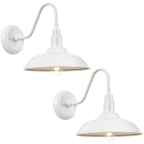 Image of Outdoor Gooseneck Barn Light Fixture with Wall Mount, 10'' Diameter White Exterior Waterproof Wall Lantern for Porch, Farmhouse Wall Sconce, 2 Pack, LM2201-WH-2P