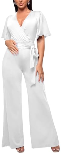 Image of PaladMom Womens Elegant Plus Size Jumpsuits Sexy Back zipper Short Sleeve Mid Waist Wide Leg Straight Rompers