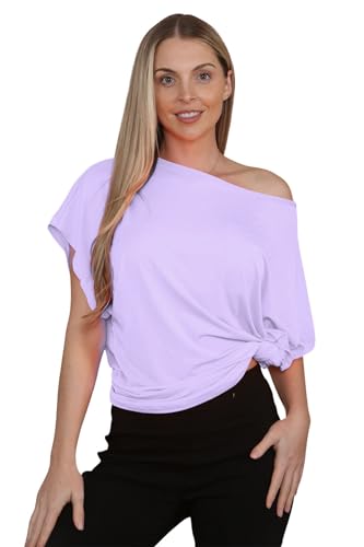 janisramone Womens Ladies New Plain Off Shoulder Tie Knot Front Short Sleeve Baggy Oversized Crop T-Shirt Top Lilac