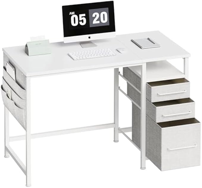 Ｍａｉｈａｉｌ Maihail Small Desk with Drawers, 40 inch Computer Desk with Shelves, Writing Desk with Storage, Small Office Desk with Metal Frame, White