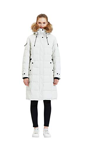 TIGER FORCE Waterproof Quilted Long Puffer Coat Winter Jacket for Petite Women with Real Fur Hood Parka Mountain Ski Snowcoat White Beige