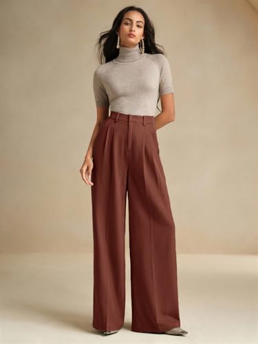 Image of KOTTY Women's High Waist Solid Color Hook and Bar Wide Leg Trousers Loose Comfort Trouser with Pockets